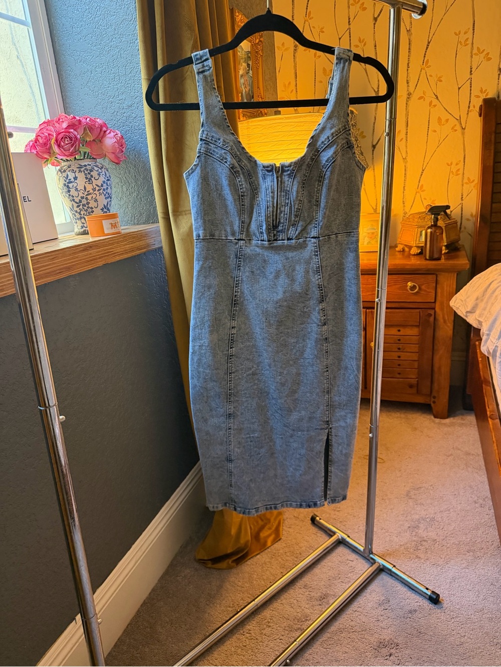 Denim Zip-Front Midi Dress - Light Blue